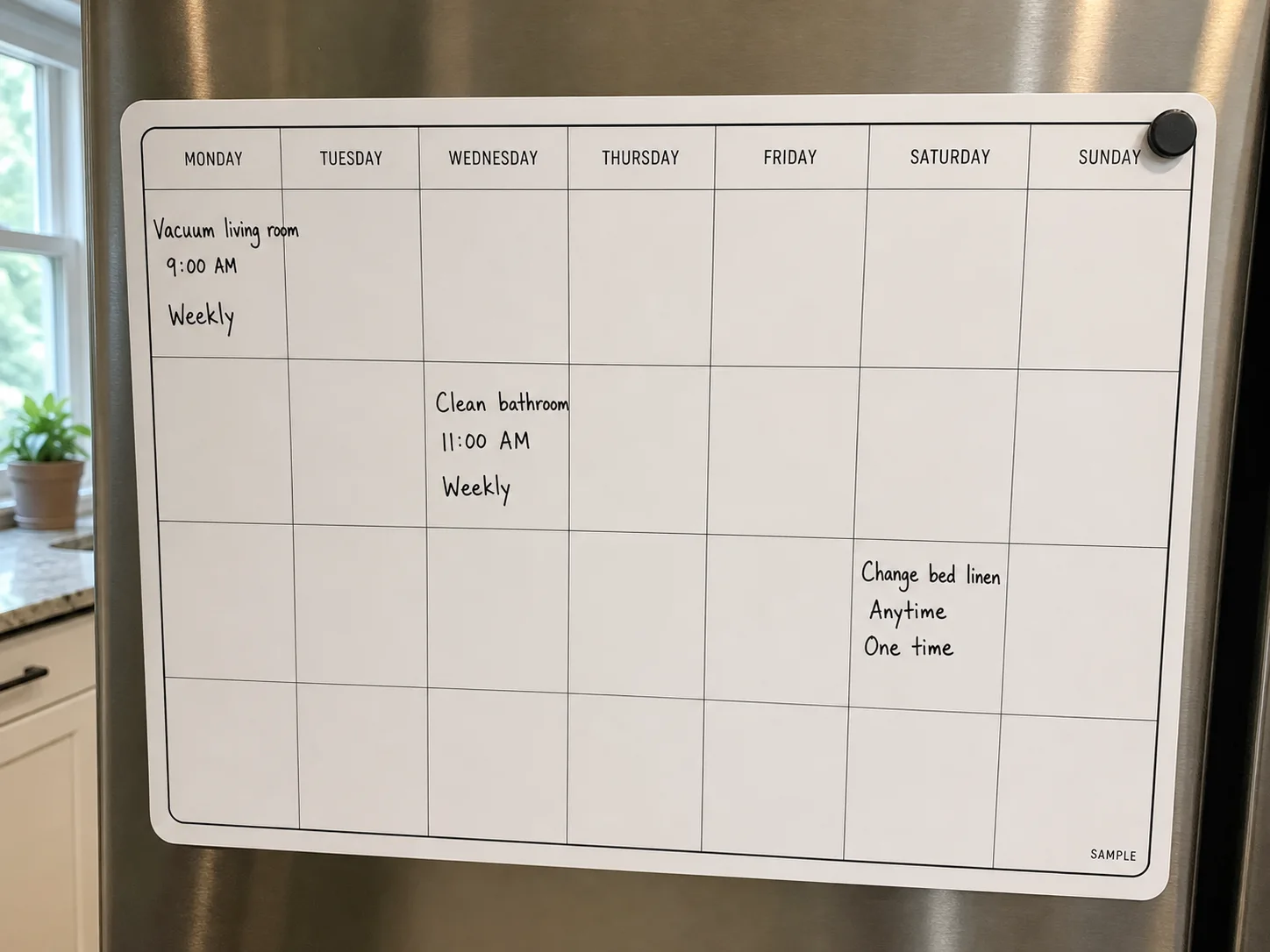 A weekly chore schedule written on a whiteboard on the fridge door