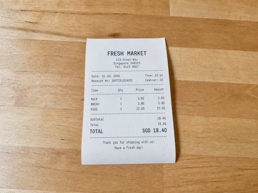 A Fresh Market receipt for milk, bread and eggs totalling SGD 18.40