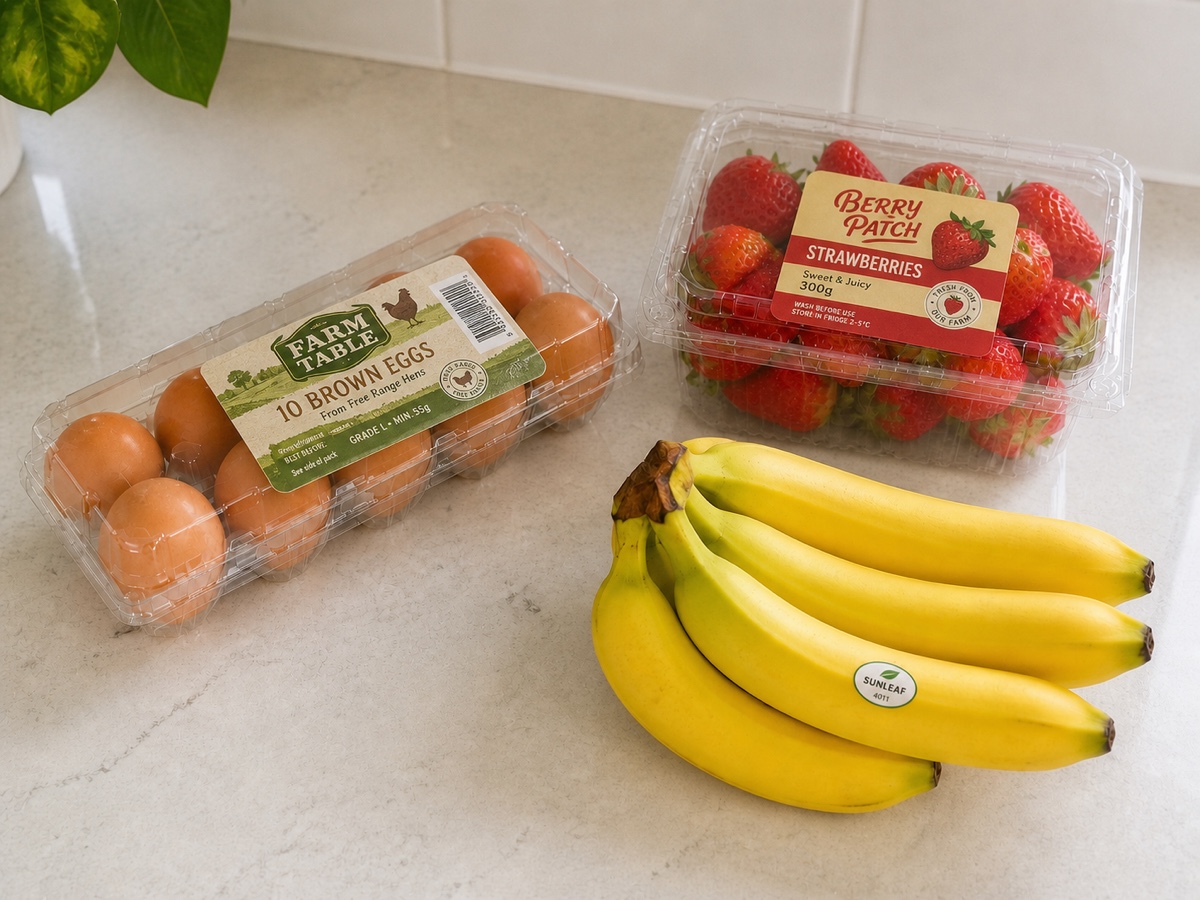 Eggs, strawberries and bananas on a kitchen counter